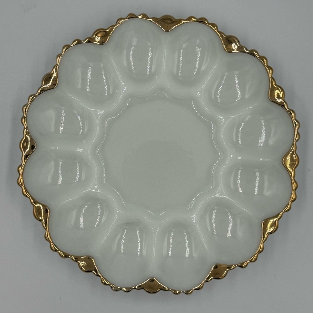 Vintage Anchor Hocking Fire King Milk Glass Deviled Egg Tray with Gold Trim